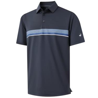 Imagem de Rouen Camisa polo masculina, manga curta, ajuste seco, leve, sem rugas, casual, atlética, listrada, camiseta de golfe masculina, Cinza escuro, GG