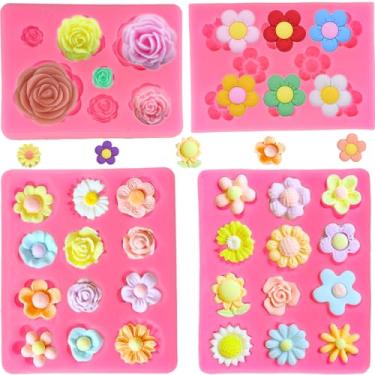 Imagem de 4 peças de moldes de silicone para flores - Mini moldes de decoração de bolo de rosa e margarida para assar, sabonete, cubo de gelo e derretimento de cera