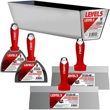 Imagem de LEVEL5 Kit de ferramentas manuais para acabamento de drywall | Facas de junta de 12,5 cm, facas de fita de 25,4 cm, bandeja de lama de 35,5 cm | Lâminas de aço inoxidável, alças macias | Placa de
