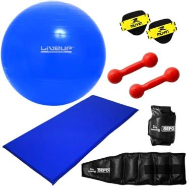 Imagem de Kit Fitness com Bola Suiça, Colchonete, Par de Tornozeleiras 2Kg e Par de Halteres 1Kg