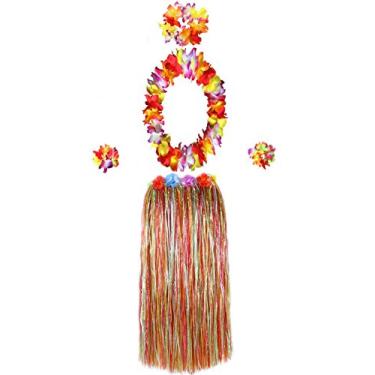 Imagem de BAJOTAL Conjunto de saia havaiana Luau Hula Grass com flores grandes para decorações de festas de dança, 81 cm - multicor, 36 Long