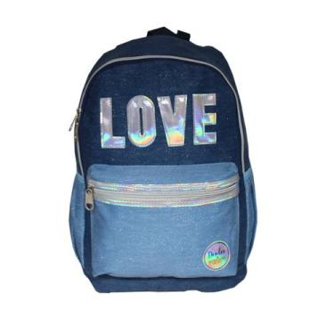 Imagem de Mochila Feminina Escolar Juvenil Love Holográfica Denlex Passeio Traba