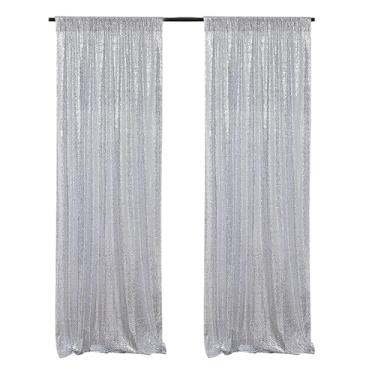 Imagem de ZiDeTang 60 cm x 2,44 m de poliéster prata lantejoulas painéis de cortina de pano de fundo de palco transparente prata cortinas transparentes para casamento, festa de aniversário, Natal, pacote com 2