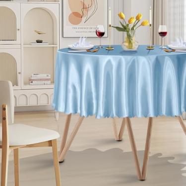 Imagem de Cobedzy Pacote com 1 toalha de mesa redonda de cetim de 178 cm, capa de mesa de cetim azul claro, sobreposta, toalha de mesa de jantar sedosa para casamento, festa, banquete, eventos, recepção, jantar