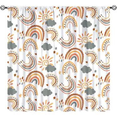 Imagem de Cortinas boho arco-íris para quarto de crianças, lindos corações boêmios, arco-íris, para meninas, bebês, crianças, crianças, colorido, desenho animado, sol, nuvem, estrelas, chuva, janela drapeada