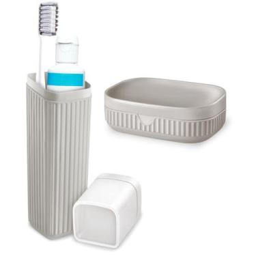 Imagem de Kit Estojo Porta Escovas Creme E Saboneteira Para Bolsa Mala Viagem - 