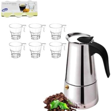 Imagem de Kit com Cafeteira Italiana Inox Fogão indução, a gás e Elétrico e Jogo 6 Xícaras Vidro canecas Café