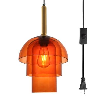 Imagem de Soutas Luminária Pendente De Vidro Laranja De 3 Camadas, 4,5 M, Com Interruptor Liga/Desliga, Lustre Moderno De Meados Do Século Para Quarto, Sala De Estar, Sala De Jantar, Cozinha Com Ilha (Laranja