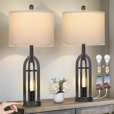 Imagem de Cinyirong Luminárias De Mesa Rústicas De 27" Para Sala De Estar - Conjunto De 2 Luminárias Estilo Fazenda Com Usb C+A E Tomada, Luminárias De Toque Reguláveis De 3 Vias Para Mesas De Cabeceira, Lumi
