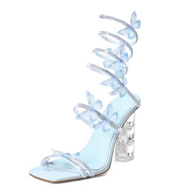 Imagem de VOZTOLLS Sandálias femininas de salto alto com strass cristal de strass bico aberto bico aberto brilhante vestido de formatura sapatos de salto alto para festa de casamento, Azul bebê, 39