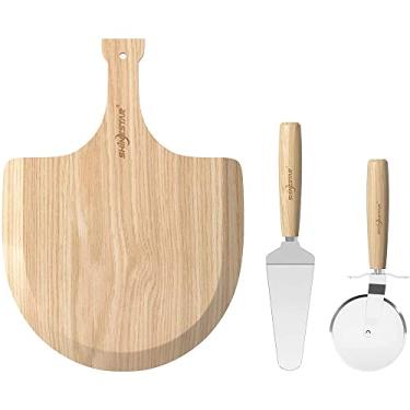 Imagem de SHINESTAR Casca de pizza de 30 cm, pá de madeira para pizza caseira, tábua de corte natural e tábua de queijo, tábua de corte com cortador de pizza para assar pizza caseira, pão, cortar frutas, 3