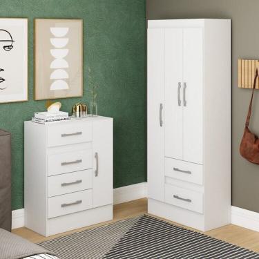 Imagem de Quarto Completo com Guarda-Roupa 3 Portas e 2 Gavetas e Cômoda 4 Gavetas 1 Porta Branco