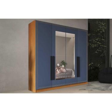Imagem de Guarda Roupa Casal 4 Portas (2 c/ Espelho) e 4 Gavetas Valência Freijo/Azul - Politorno