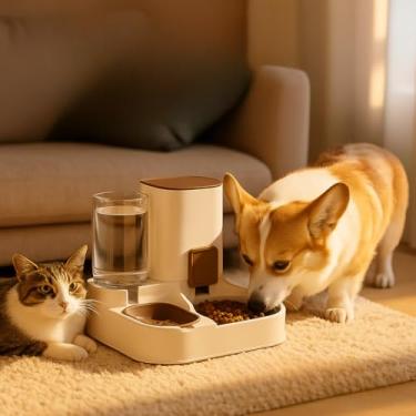 Imagem de Alimentador, Dispenser, Automático 2 em 1 para Cães e Gatos, Dispensador de Ração e Água, Branco e Marron