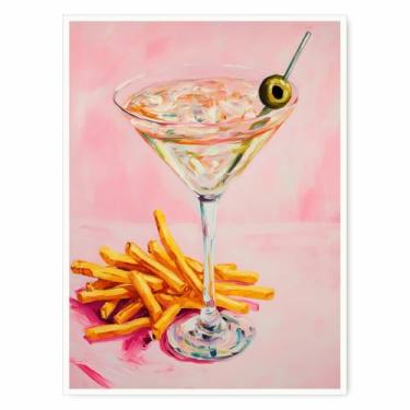 Imagem de Arte de parede coquetel e batatas fritas – Pôster retrô de bebidas e lanches para carrinho de bar, decoração de cozinha rosa, arte de parede de lounge, ilustração de comida vintage - 28 x 35 cm pronto