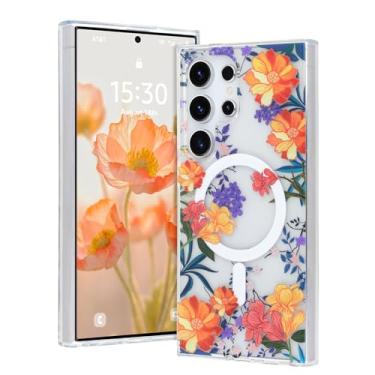 Imagem de AIGOMARA Capa magnética para Samsung Galaxy S24 Ultra [compatível com MagSafe] Design com estampa floral transparente, fina, antiamarelamento, à prova de choque, para mulheres e meninas, laranja