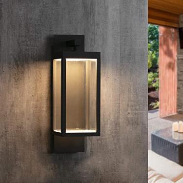 Imagem de Lustrlach Luminária LED do crepúsculo ao amanhecer 38.1 cm preto moderno parede exterior varanda lanterna com vidro para casa garagem exterior entrada jardim, IP54 impermeável, 3000K, 750LM