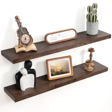 Imagem de Prateleiras flutuantes para decoração de parede, prateleiras flutuantes de madeira de olmo sólida rústica de 20 cm de profundidade, prateleiras de parede com suporte invisível para sala de estar