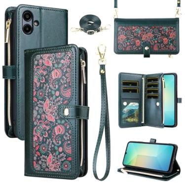 Imagem de Dswteny Capa carteira floral para Samsung Galaxy A06 5G com alça de pulso, alça de ombro, bolsa de couro PU, suporte para cartão de crédito, acessórios para celular Ao6 A 06 4G LTE mulheres homens
