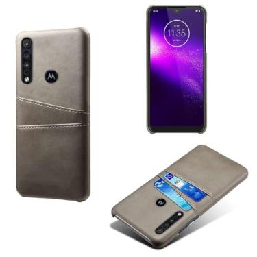 Imagem de Capas Compatível com MOTO One macro,tampa protetora de couro falso,design de saco de cartão com 2 fendas de cartão atrás,proteção anti-impressão digital e anti-gota-Grey