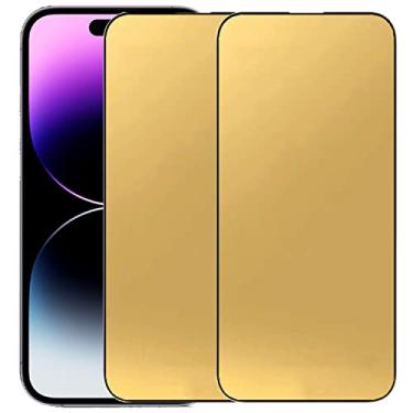 Imagem de BWEDXEZ Película protetora de tela espelhada de vidro temperado anti-azul, 2 peças, compatível com iPhone 14 Pro Max, rigidez 9H de 6,7 polegadas, antiarranhões, totalmente coberta (dourada)