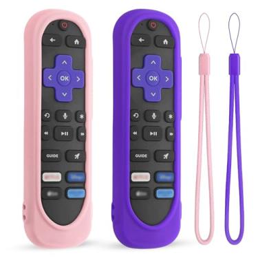 Imagem de Pacote com 2 capas de silicone para controle remoto TCL/Hisense/Roku Streaming TV Stick – à prova de choque, lavável, capa antiderrapante com cordão (rosa + roxo)