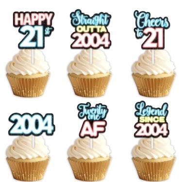 Imagem de 18 peças de topper de cupcake de sobremesa com glitter azul para Straight Outta 2004 Legend Since 2004 suprimentos de decoração temática homens felizes 21 anos decorações de festa