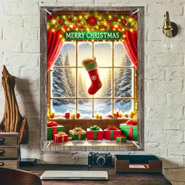 Imagem de BlissYard Faixa de janela de meia de Natal 78 x 129 cm Feliz Natal Capa de janela suspensa cena de floresta nevada painel de parede de férias interior exterior festa cabine de fotos decoração varanda