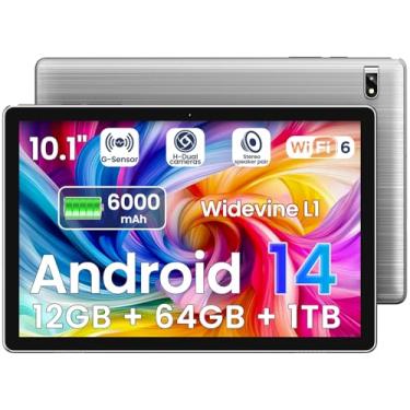 Imagem de Tablet Android 2025, tablet Android 14 de 10,1 polegadas, Octa-Core, 12 GB de RAM + 64 GB de ROM, expansão de 1 TB, câmera de 2 + 8 MP, BT5, tablets PC 2.4/5G WiFi 6.1080 IPS tela FHD, tablets Android