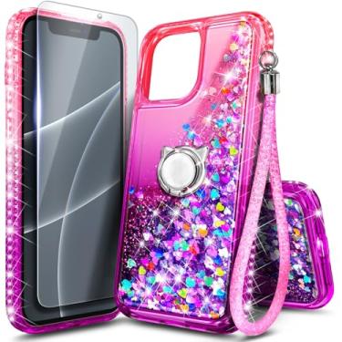 Imagem de Capa NGB projetada para iPhone 14 Pro-Max, rosa/roxo | Capa fofa com glitter líquido brilhante para mulheres, meninas e crianças | com protetor de tela de vidro temperado, suporte de anel e alça de