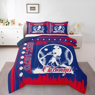 Imagem de jejeloiu Conjunto de edredom de beisebol, tamanho casal, Chicago, para crianças, meninos, meninas, beisebol, cidade, jogos, esportes, decoração de quarto, microfibra, 3 peças com 2 fronhas