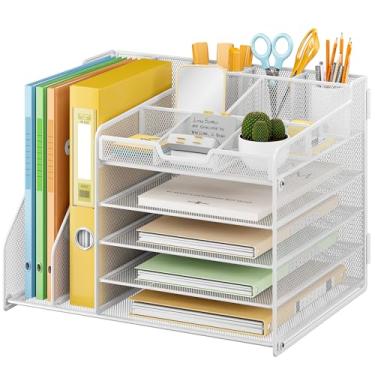Imagem de Lavatino Organizador de mesa de 5 camadas com 2 suportes de arquivo, bandeja de papel ajustável de metal para organizadores e acessórios de mesa de escritório ou casa | 7 divisórias flexíveis mantêm