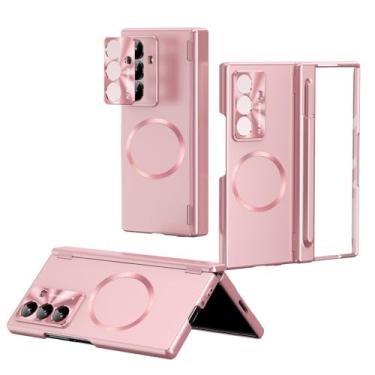 Imagem de Capa magnética para Samsung Galaxy Z Fold 7 5 6 com protetor de tela de vidro embutido, uma caneta, proteção de dobradiça, capa fosca revestida (dobra 5, rosa)