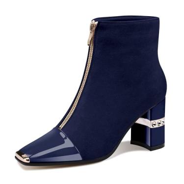 Imagem de XINIUNIU Bota feminina de cano baixo, salto grosso, bico quadrado, de metal, camurça, zíper frontal, 7,6 cm, vestido curto, Azul marinho, 42