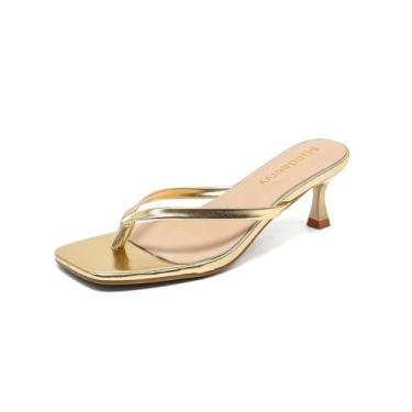 Imagem de Mindeeryy Sandálias tipo tanga salto gatinho bico quadrado chinelos sem cadarço para mulheres salto gatinho salto baixo 6 cm para o verão, Dourado, 39