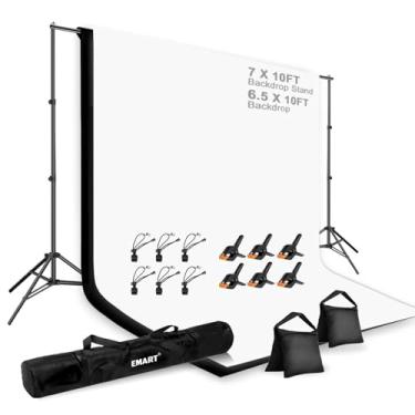 Imagem de EMART Sistema de suporte de pano de fundo de 2 x 3 m, kit de iluminação profissional para fotografia, 2 x 3 m, fundo preto/branco, sistema de fundos de fotografia para estúdio, retrato e filmagem de