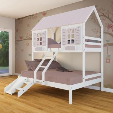 Imagem de Beliche Casal/ Solteiro Casinha Bela com Kit Escada/Escorregador - Madeira Maciça Branco/Rosa | Megamobilia