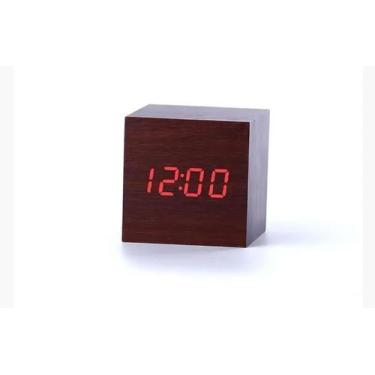 Imagem de Relógio Madeira Mogno De Mesa Quadrado Digital Led Cubo 6,5cm 3 sensor