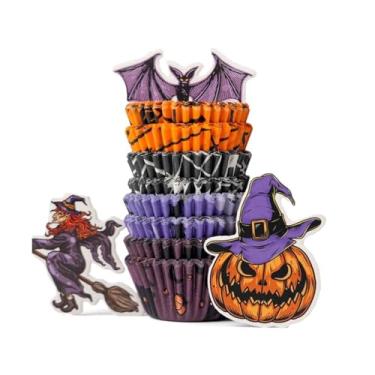 Imagem de Forros de cupcake de Halloween, mini forros de cupcake BakeChoice, 400 peças, mini copos de papel para muffin, copo de papel para bolo, papel de grau alimentício, forros de muffins de pergaminho à prova de gordura, abóbora fantasma bruxa