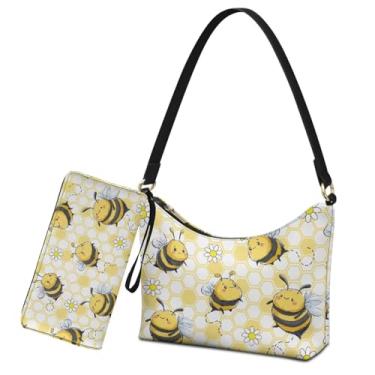 Imagem de Nittanovaca Conjunto de 2 bolsas de ombro com carteira para mulheres bolsa de couro nas axilas com carteira de pulso Hobo Tote para trabalho, Abelha amarela