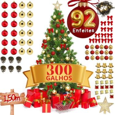 Imagem de Árvore Natal Verde Decorada Completa 1,50m Luxo 300 Galhos Cheia Pé de Metal Premium 92 Enfeites Realista e Elegante Natal Encantador Decoração de Casa Decoração Natalina Inesquecível
