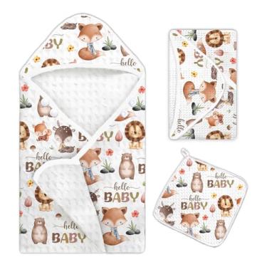 Imagem de Guawubiang 1 peça de toalhas de banho para bebês com tema de vida selvagem, toalha de bebê com capuz para recém-nascidos, toalha de banho infantil para meninos ou meninas, macia e absorvente, com 1