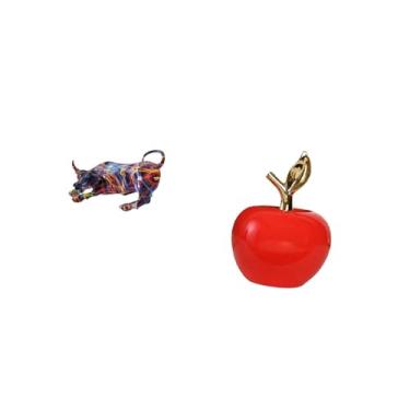 Imagem de Fenteer Estatuetas de Touro de Resina Moderna, Arte Colorida, Coleção de Esculturas de Animais de Feng Shui, Estátuas de Cerâmica, Escultura de Frutas para Sa