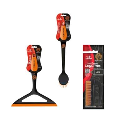 Imagem de Kit de Limpeza Para Cozinha, Completo e Prático, Com Rodo Multiuso, Escova Lava Louças e Escova Para Legumes, Preto e Laranja, Design Ergonômico