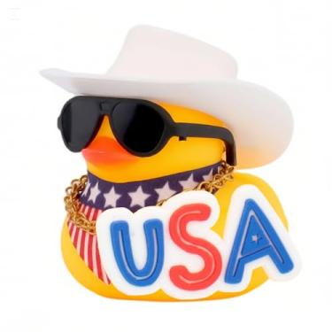 Imagem de wonuu Ornamentos de carro de pato de borracha bandeira americana cachecol painel decorações com chapéu de caubói, A-USA-branco