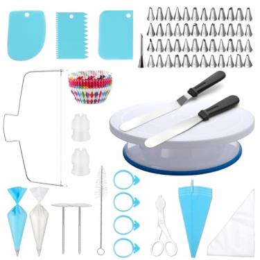 Imagem de Gymdin Kit de decoração de bolo com 222 peças – Inclui toca-discos de bolo, nivelador, conjunto de sacos de confeitar e pontas, 2 espátulas de cobertura, 3 raspadores, 100 forros de cupcake, livreto e