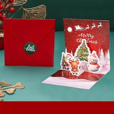 Imagem de Lindo cartão de felicitações 3D Pop Up Feliz Natal com envelope vermelho, decorações de Natal, presentes para mulheres, homens, amigos, família, desenho animado, árvore de Natal, Papai Noel, boneco de
