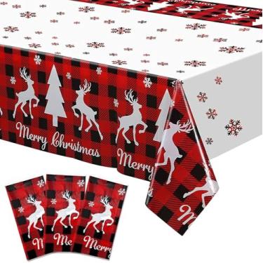 Imagem de Hayooha Toalha de mesa de Natal descartável, pacote com 3, 137 x 272 cm, flocos de neve vermelhos, brancos, alces, árvores, decorações de mesa de Natal, decoração de mesa de festa, enfeites de Natal