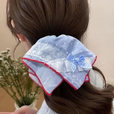 Imagem de Bandanas de laço azul para mulheres, cachecóis para acessórios de cabelo para mulheres, faixas elásticas de cabelo, laços elásticos, suporte de rabo de cavalo elegante