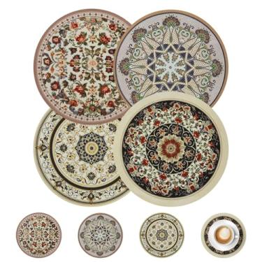 Imagem de comfoyar Jogo americano Boho redondo conjunto de 4 com 4 bases para copos, tapetes boêmios de borracha antiderrapante de 22 cm, estilo vintage, tapetes de mesa rústicas laváveis absorventes para